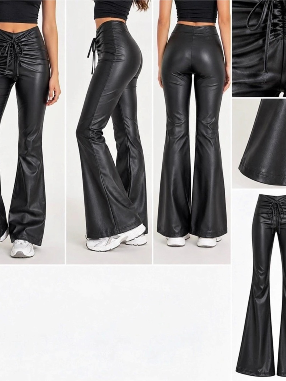 Black Faux Leather Ruched Lace-Up Flare Pants